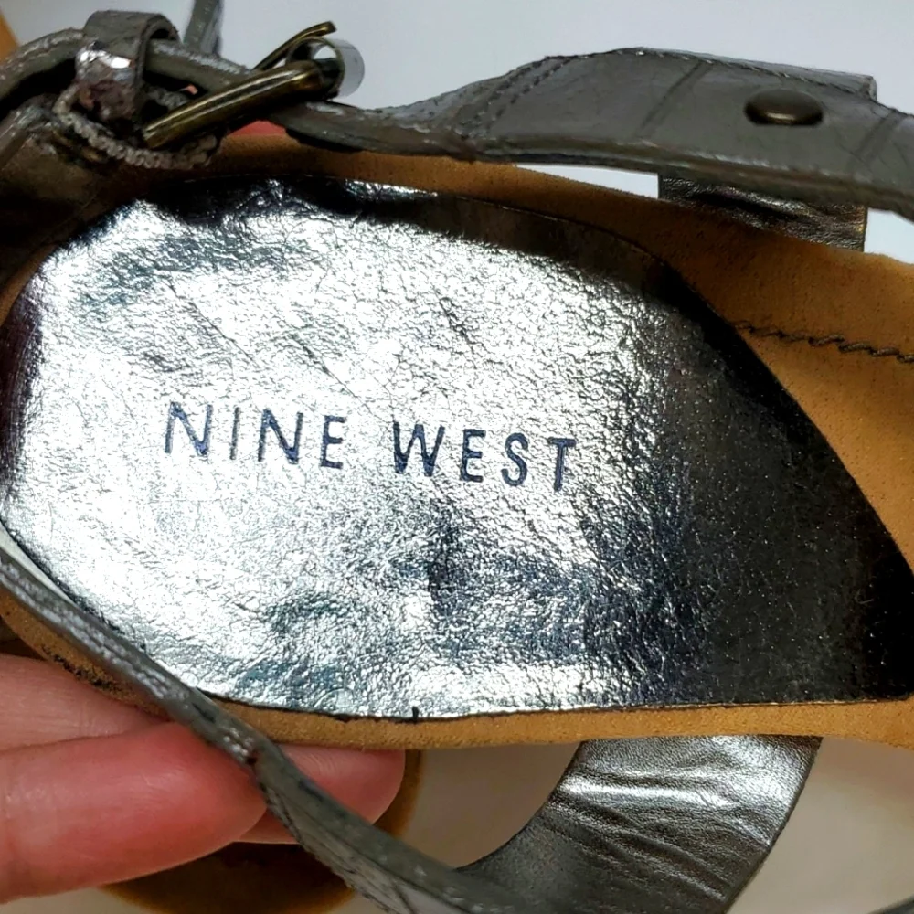 NINE WEST Dimsum Metallic Leather Ankle Strap Heeled Sandal